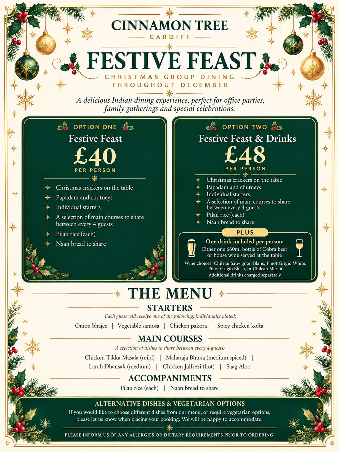 The Cinnamon Tree Festive Feast: Christmas group dining throughout December, £40 per person or £48 with a drink. Open the PDF for the full menu.